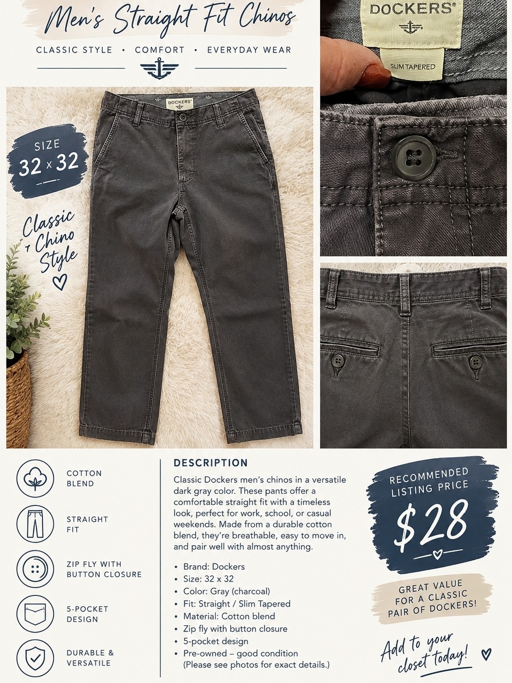 Dockers Men’s Straight Fit Chinos - Charcoal 32x32
